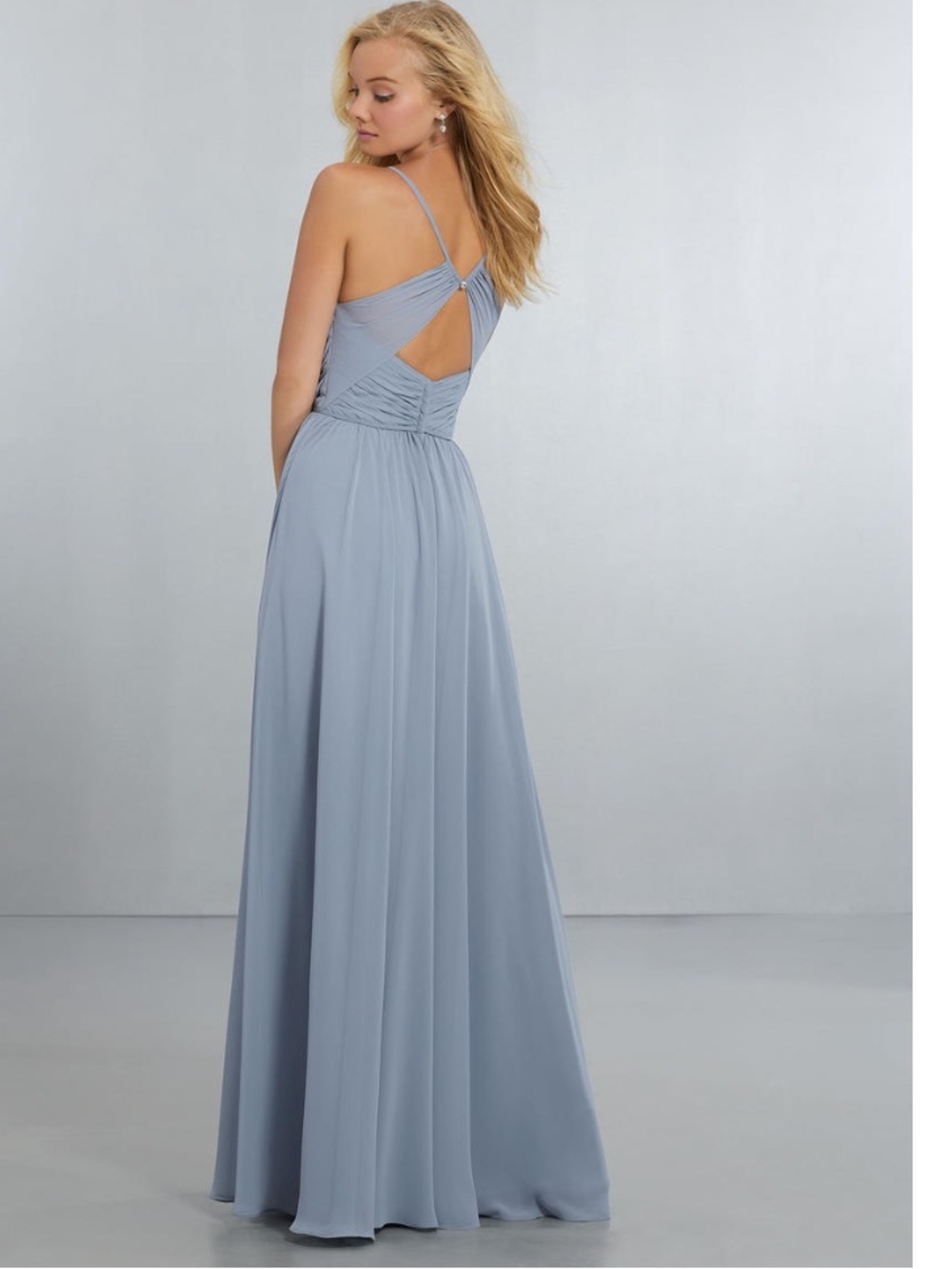 Morilee NWT Gray Blue (Dove) Chiffon Maxi Dress Pleated Crossover Bodice - 10